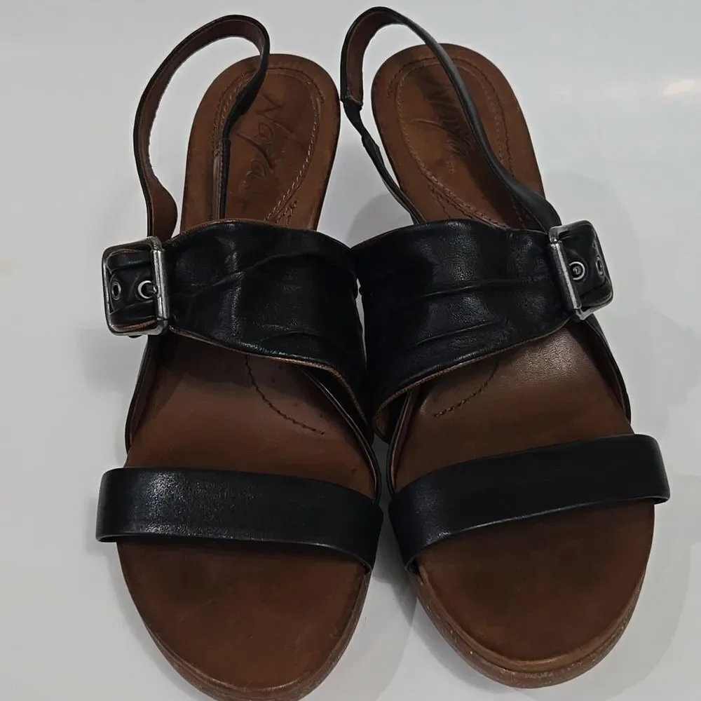 Naya Alamosa Black Leather Sling Back Sandals Block Heel Sz 9.5 Buckle Strappy‎